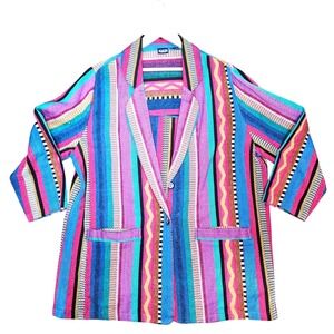 Vintage 90s Colorful Ikat Aztec Boho Southwestern Woven Blazer Jacket Long 18